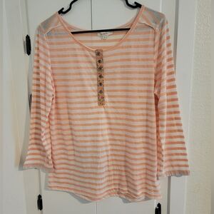 Sundance Stripe Henley Lightweight Airy Floral Trim Top Medium